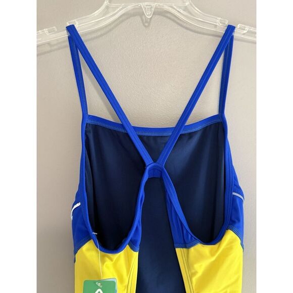 Speedo One Piece Swimsuit 12 Blue Yellow Gold Sporty PowerFlex Eco Splice Back - Picture 10 of 16